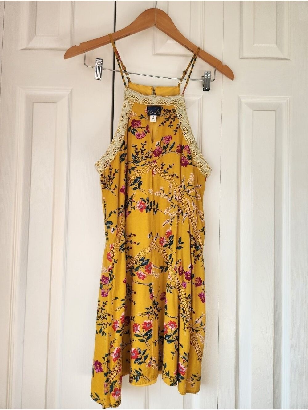 Blue Rain Floral Print Dress Small Yellow Lace Trim Sleeveless Summer Boho - Picture 4 of 16